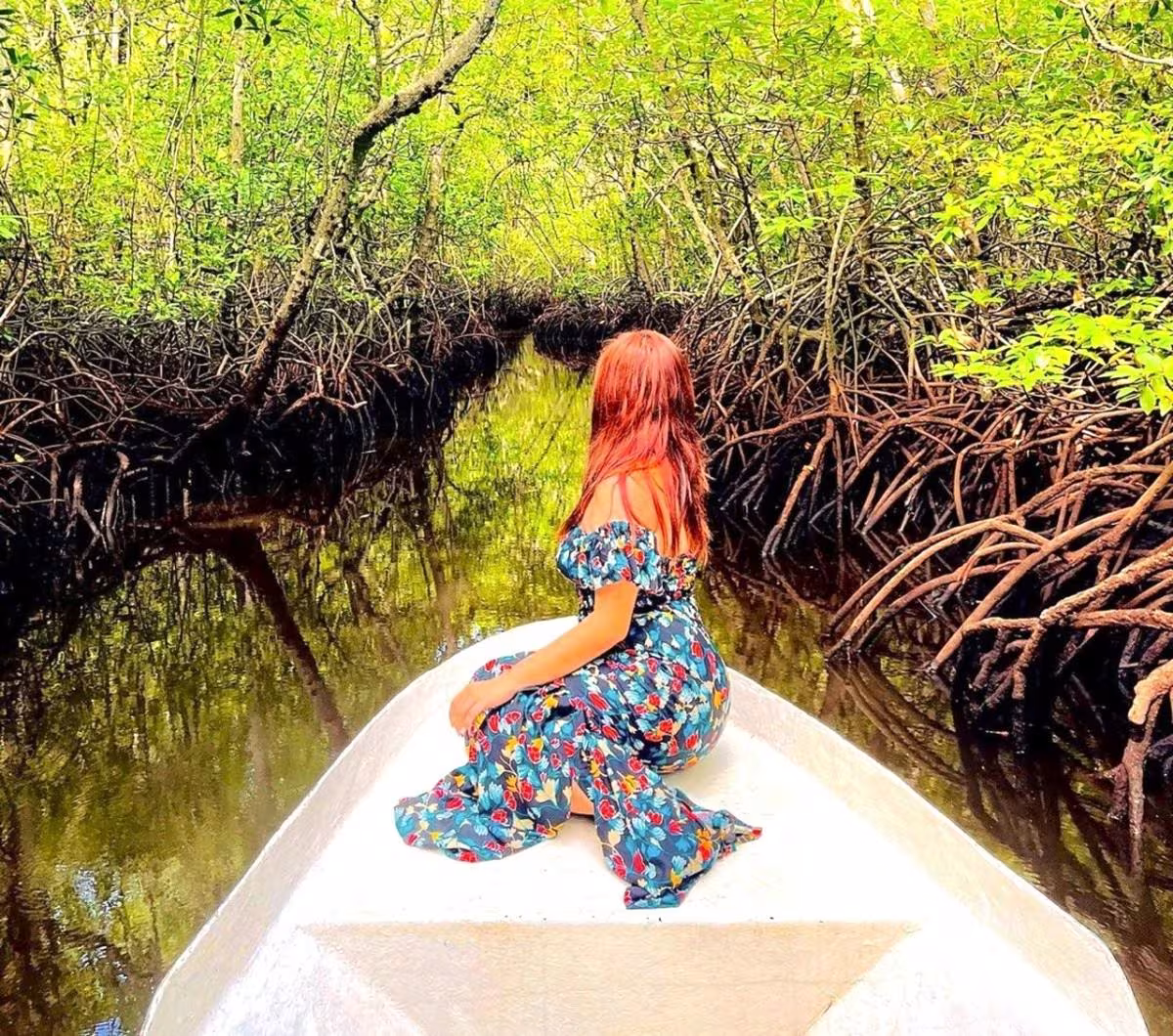 Small-boat perspective through mangrove waterways at Nusa Lembongan